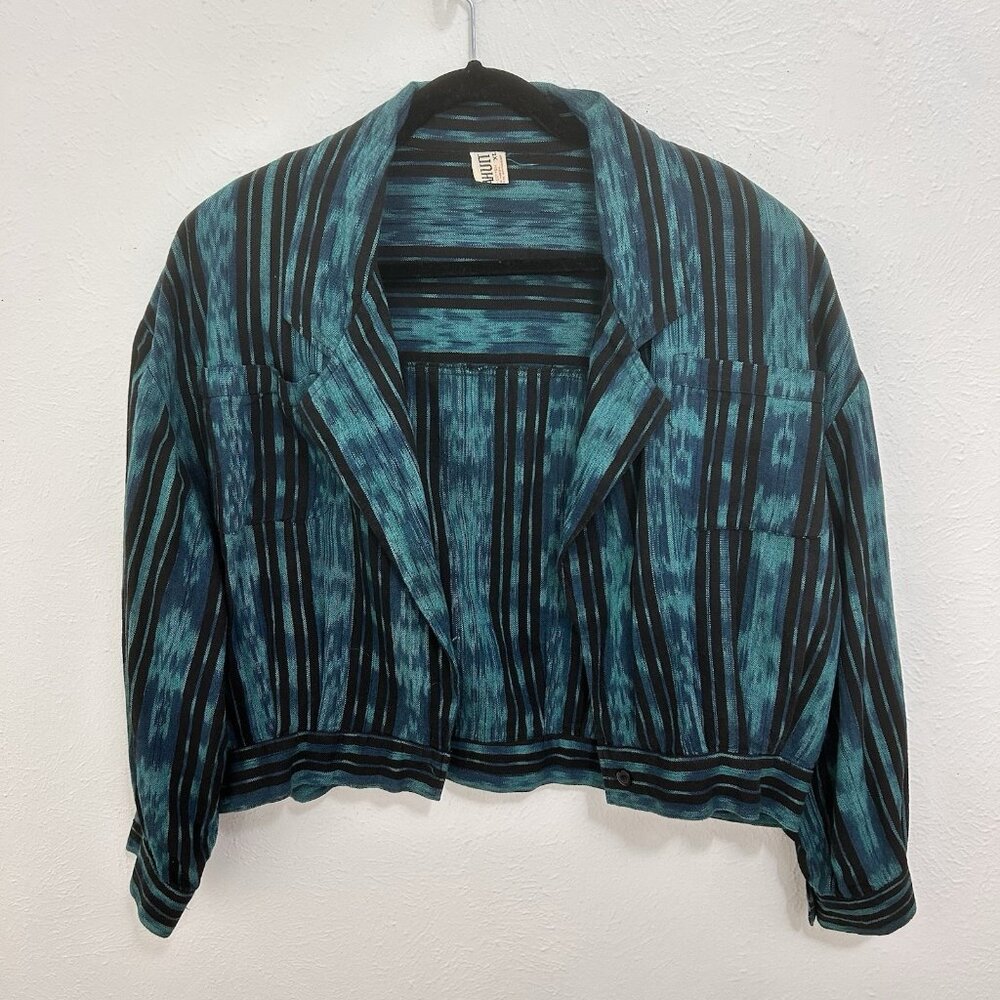 Vintage 80s Teal Blue Striped Cropped Jacket Size XL Colorful Western‎ Southwest